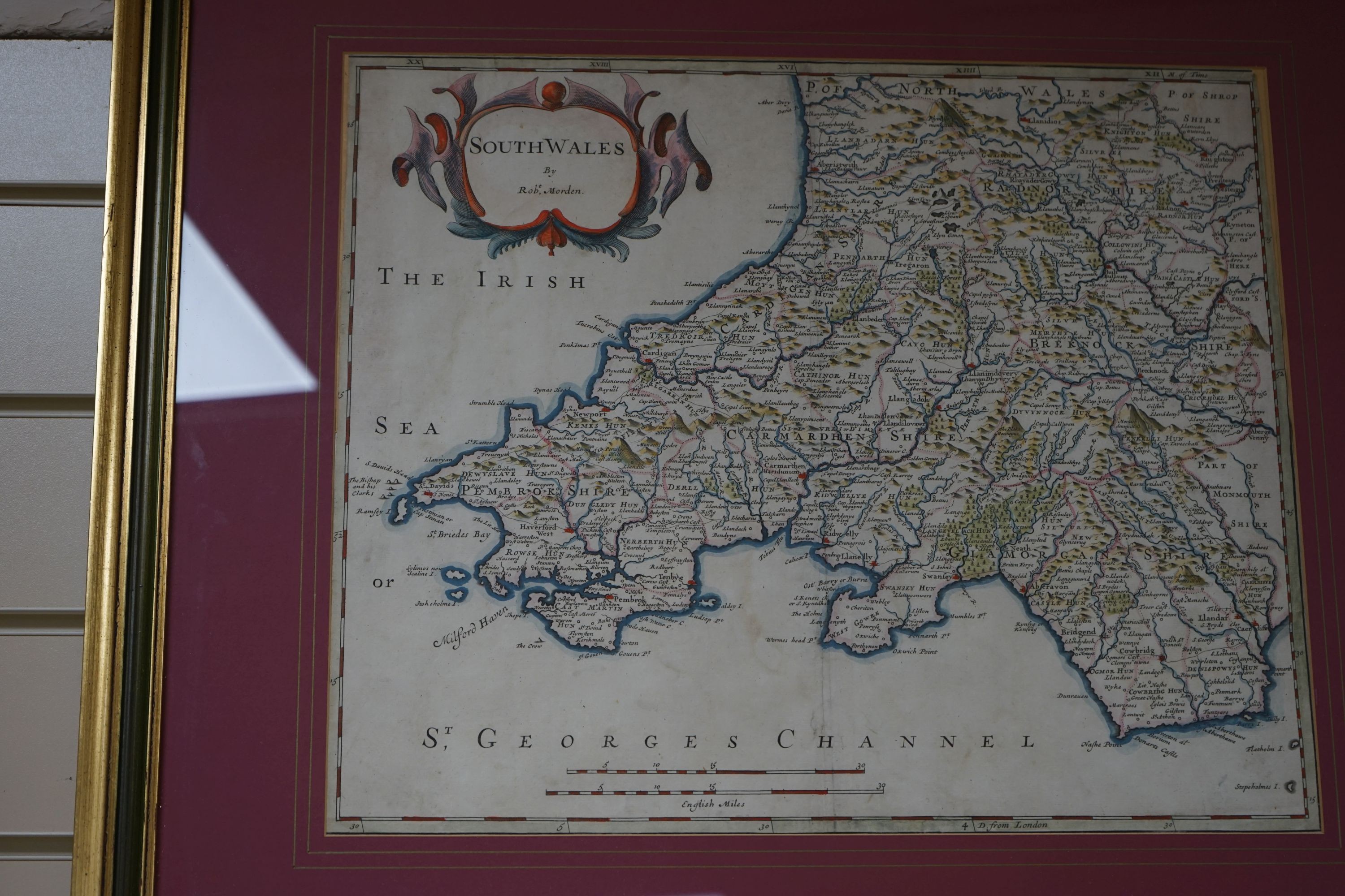 Robert Morden, coloured engraving, Map of South Wales, 36 x 43cm